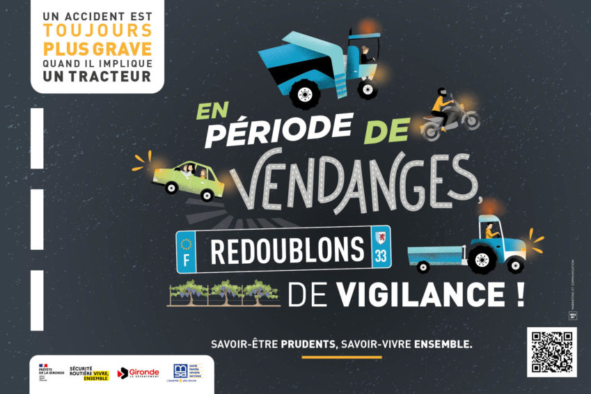 Affiche de prévention du risque routier pendant les vendanges en Gironde